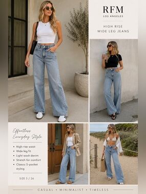 RFM Los Angeles High Rise Wide Leg Jeans Light Wash Stretch Denim Size 26